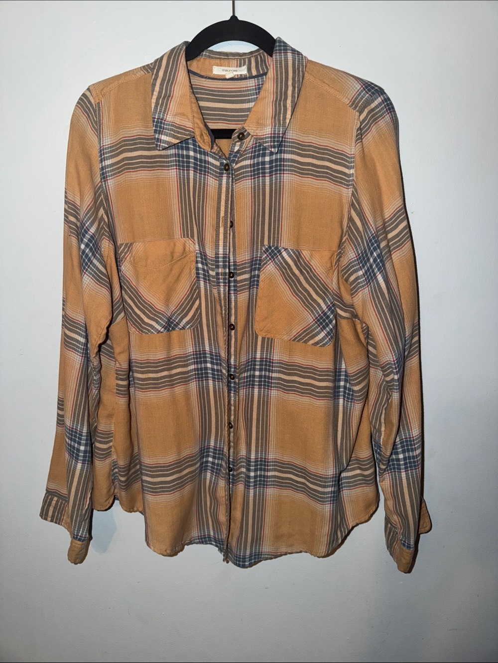 Maurices Mustard Plaid Button-Down Shirt with Navy Stripes